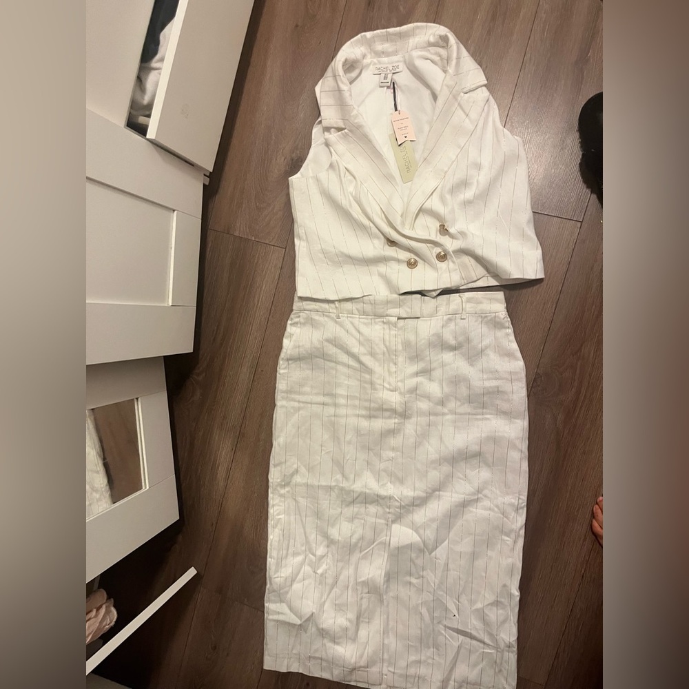 NWT RACHEL ZOE GOLD AND WHITE SET VEST+MIDI SKIRT